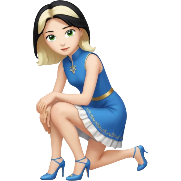prince, upright, black Hair, blue eyes, garment,  Woman, bending knee, sleveless white dress, blonde hair, green eyes, emoji