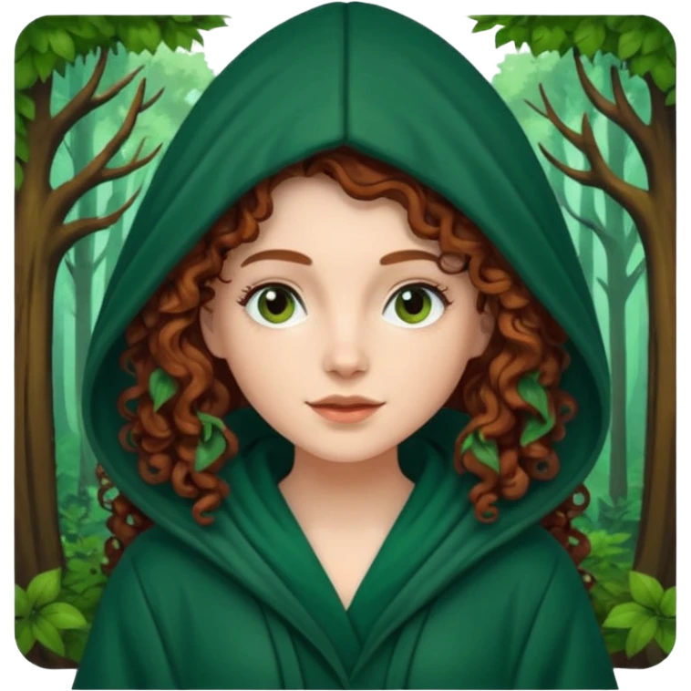 A white woman, a little thicker, with long dark auburn hair robed and hooded like she's a Traitor in the tv show The Traitors. her hair is mostly curly (kinda frizzy, not clean curls) and the robe is a dark dark forest green color emoji