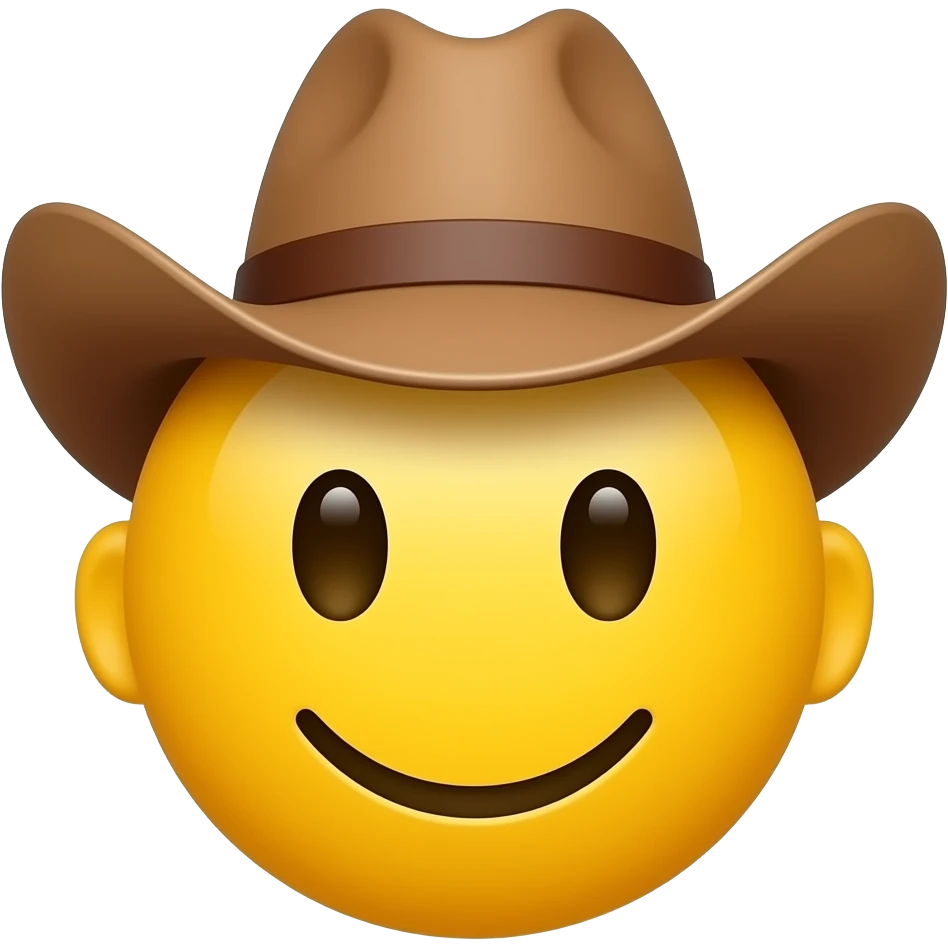 Yellow circle with no nose and eyebrows  and ears having a fancy cowboy hat smiling emoji