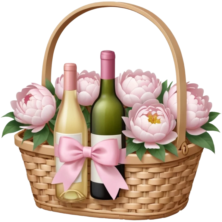 White Picnic basket with light pink bow and white peonies inside and a pink wine bottle emoji