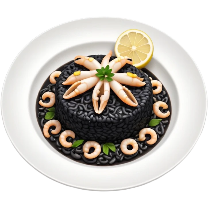 cinematic-realistic-black-risotto-dish,-showcasing-small squid pieces-rendered-with-bold-textures-and-dynamic,-dramatic-lighting in a white plate with a grilled lemon on top emoji