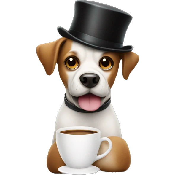 a dog wearing a bowler hat holding a cup of coffee  emoji