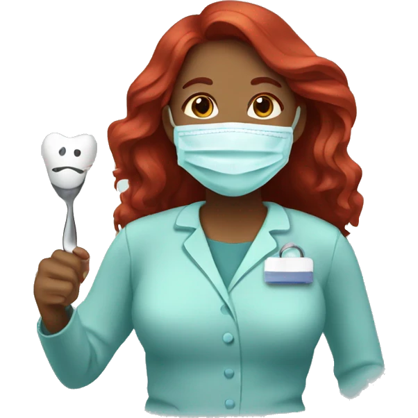 Brown Woman dentist with long red hair wearing face mask holding a tooth  emoji