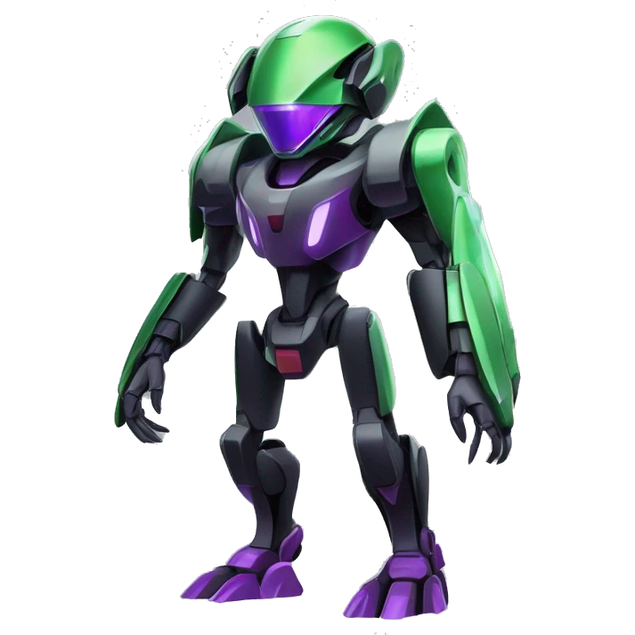 a shiny black-green-purple Genesect-Raptor-Fakémon-Medabot-hybrid with a futuristic visor-helmet full body emoji