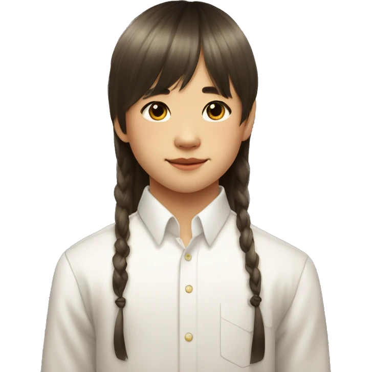 11 year old chinese boy with curtain bangs and white formal shirt with long sleevesand a book emoji