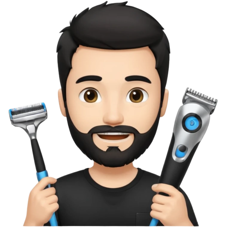 handsome young man, fair complexion, messy black hair and beard, smiling, black t-shirt, holding a single face beard trimmer in one hand, trimmer true to real size emoji