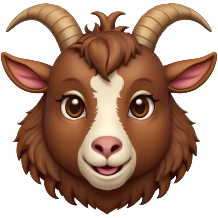 Cinematic Cute Brown Goat Portrait Emoji, Head tilted playfully and inquisitively, featuring a glossy, rich brown fur with charming curved horns, round, sparkling eyes filled with gentle curiosity, Simplified yet irresistibly adorable features, highly detailed, glowing with a warm, friendly glow, high shine, affectionate and lively, stylized with a touch of rustic whimsy, bright and endearing, soft glowing outline, capturing the essence of a mischievous yet loving goat, so playful it feels like it could trot out of the screen and into your arms! emoji