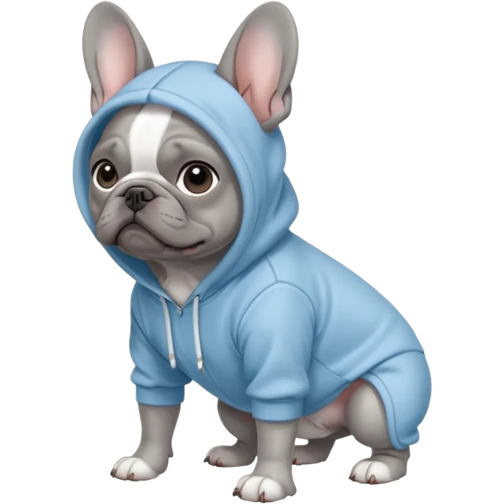 A full body grey French bulldog on all fours wearing a light blue hoodie with the hood down emoji