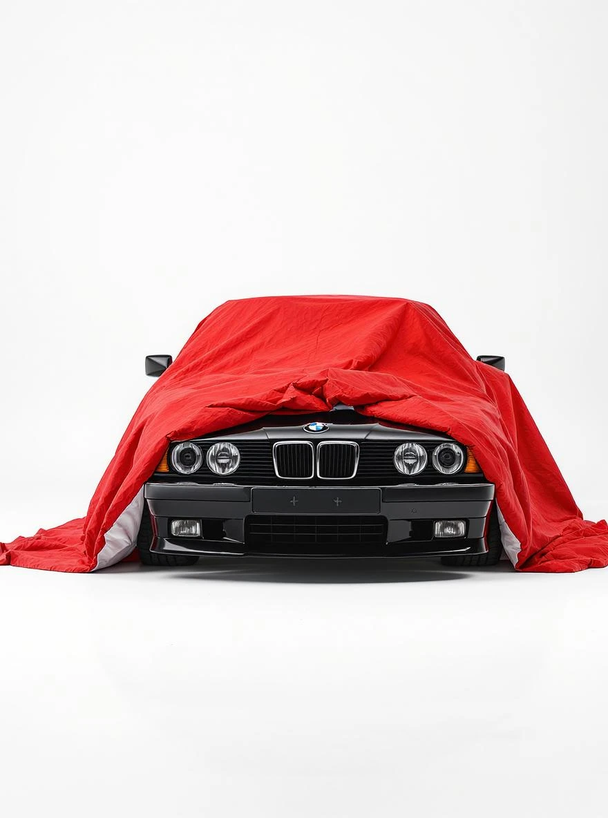 studio photo on a pure white background old black BMW E34 car is visible from under a red tent cover emoji