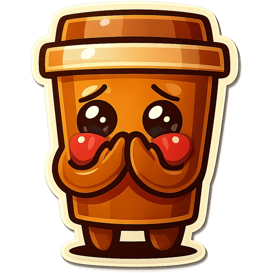 Tall coffee cup, hiding face, embarrased emoji