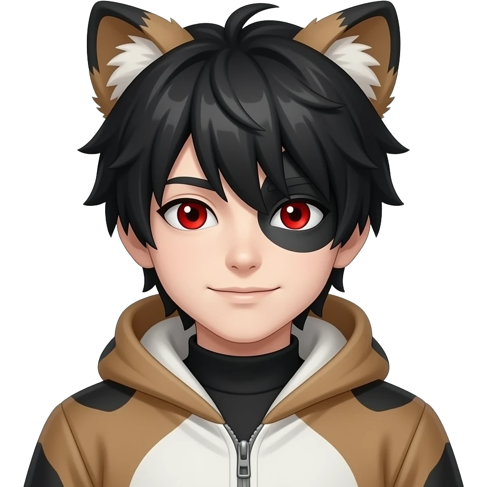 Emo boy with side black fringe with an alpha fur suit on and red eyes emoji