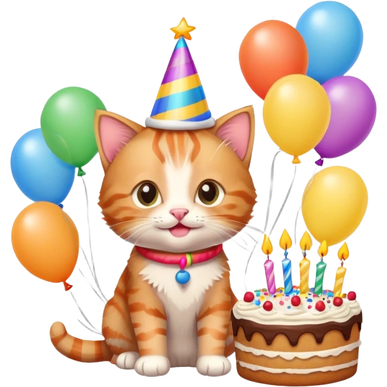 Ginger tabby kitten celebrates birthday, birthday hat, birthday cake, balloons, happy, gifts emoji