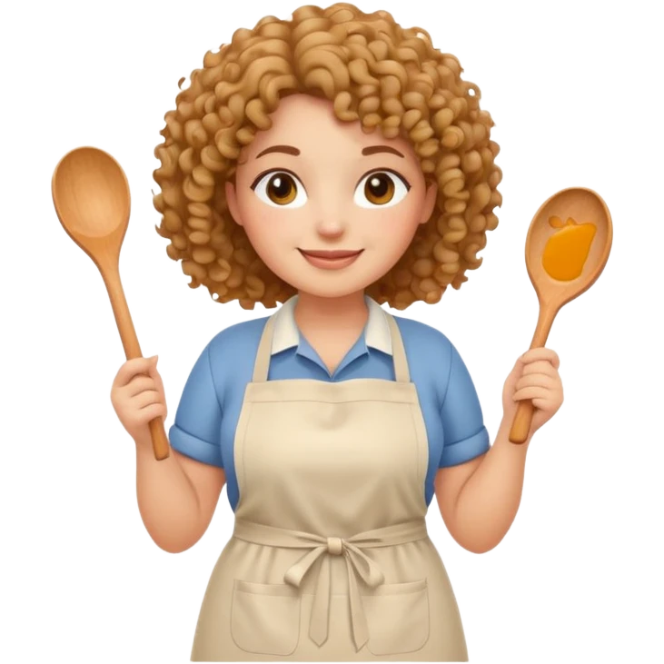 Cute emoji avatar of a plus size woman with curly hair, warm skin tone, wearing a casual kitchen apron, smiling and holding a wooden spoon. Simple, clean lines, pastel color palette. Suitable for Instagram profile and stories. emoji
