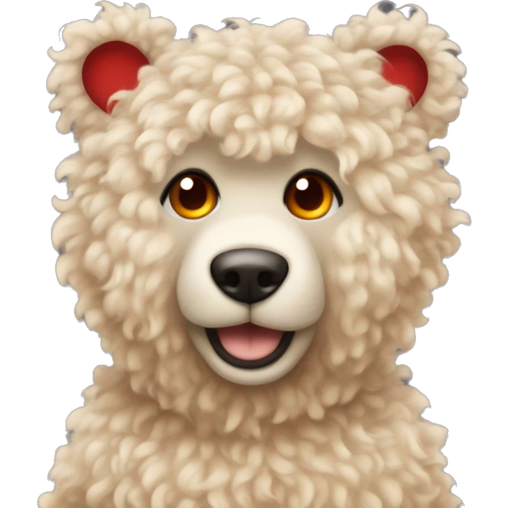 Light coloured curly fur. With Orange eyes teddy bear wearing a beige sweater with a red heart in the middle.  emoji