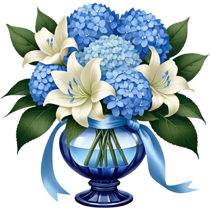 An exquisite floral arrangement of deep blue hydrangeas, pastel blue peonies, and ivory lilies, bound with a flowing pearl satin ribbon and placed in a crystal vase emoji