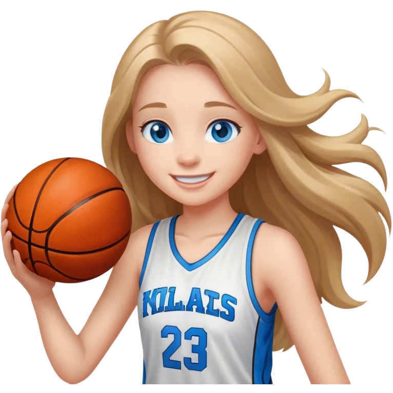 smiling girl with blue eyes and long hair playing basketball emoji