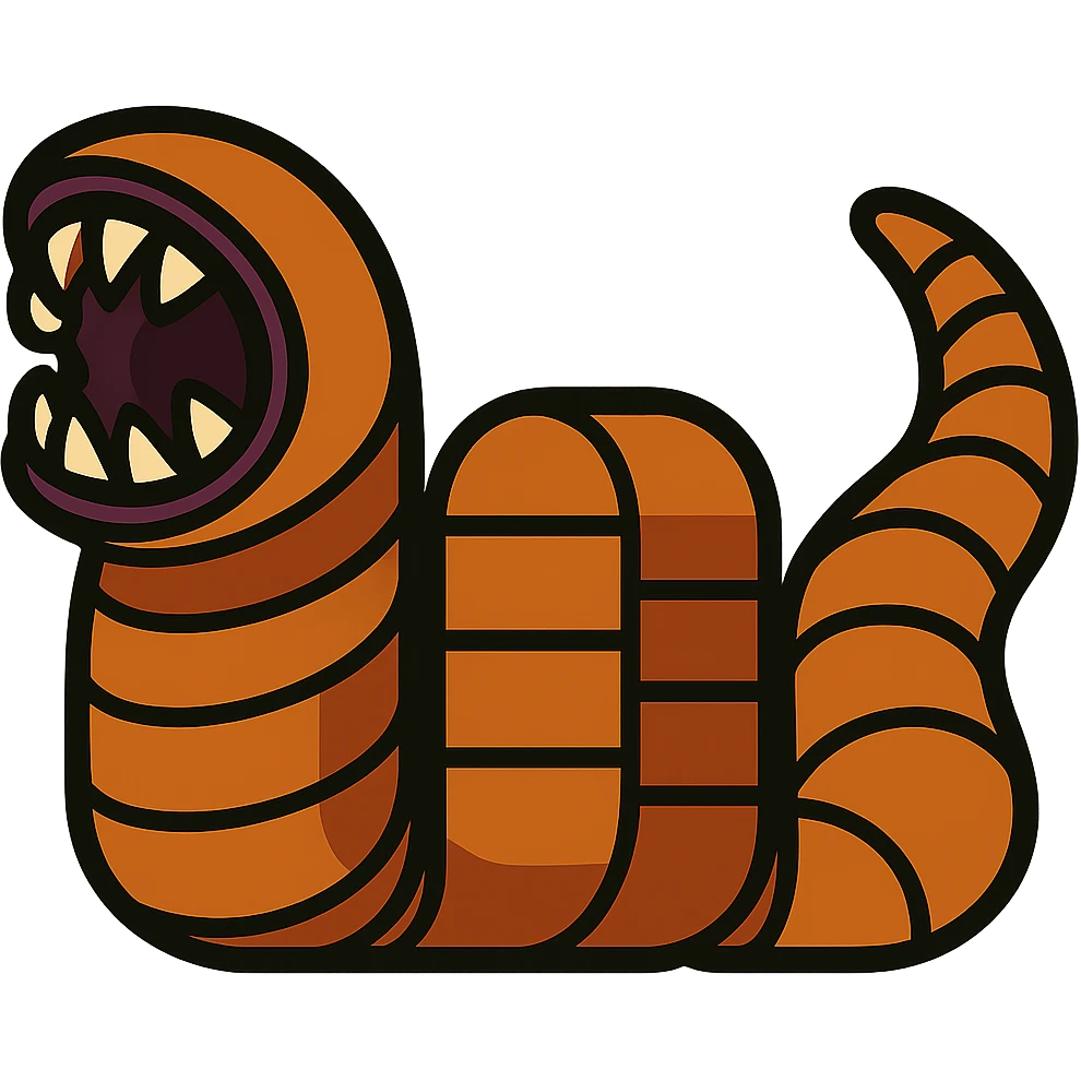 a sandworm from Dune depicted as three seamless emoji parts: a head, a body, and a tail, with the body emoji designed to tile seamlessly side by side to create a longer worm, each part distinct but matching in style and color for a continuous look, vibrant toon style emoji