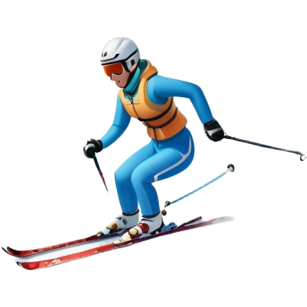 An icon featuring snowy peaks, pine trees, and a picturesque mountain landscape with a skier racing down a snow-covered slope. The sky is blue with soft clouds, capturing the thrill and beauty of alpine skiing. Transparent background highlights the excitement and serenity of winter sports. emoji