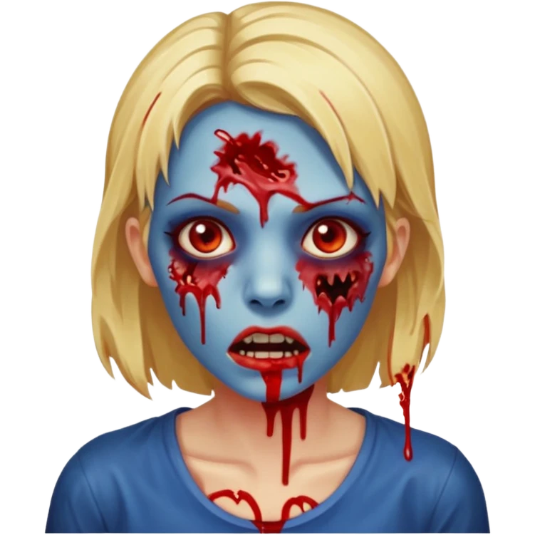 zumbi feminino com cortes no rosto, olhos baixos e vermelhos, cabelo loiro e rosto azul escuro, boca e olhos sangrando cm fundl azul e mais sangues possível emoji