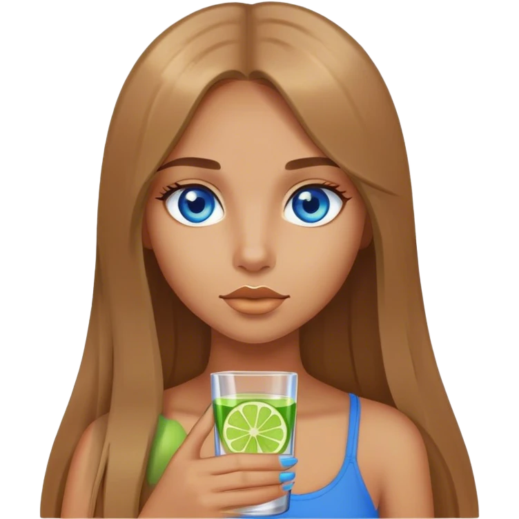 tan girl, long light brown straight hair, blue eyes, holding a shot with lime emoji