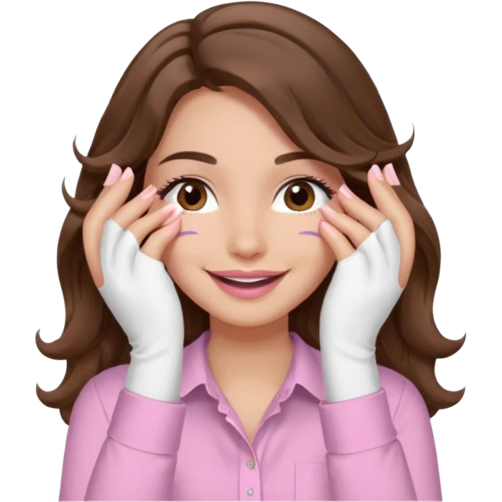 girl with wavy long brown hair, brown eyes, light to medium complexion, long lashes, light pink lipstick, wearing light pink shirt, smiling, hands covering over the eyes emoji