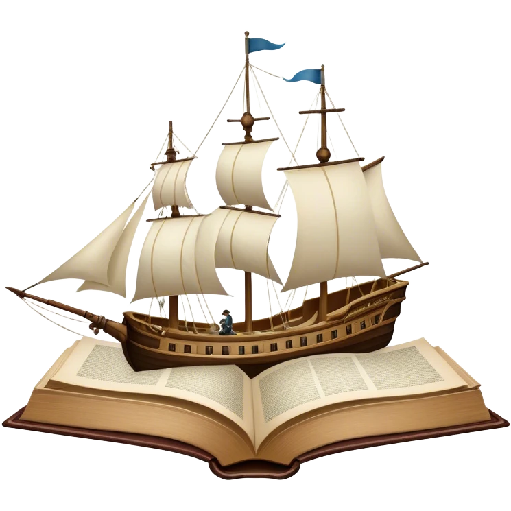 Collage for Reading Fiction: Cola large open book with pages turning into a sailing ship, with musketeers on horseback, and Sherlock Holmes with a magnifying glass standing nearby. The icon should evoke the adventure and romance of exploring fictional worlds. Transparent background emoji