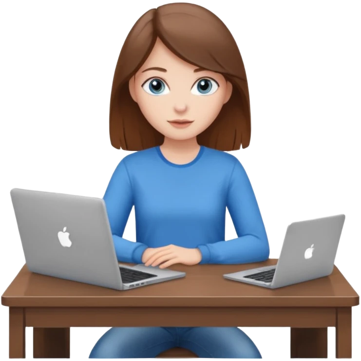 white girl with brown hair and blue eyes, sitting at a desk with a laptop, casual outfit emoji