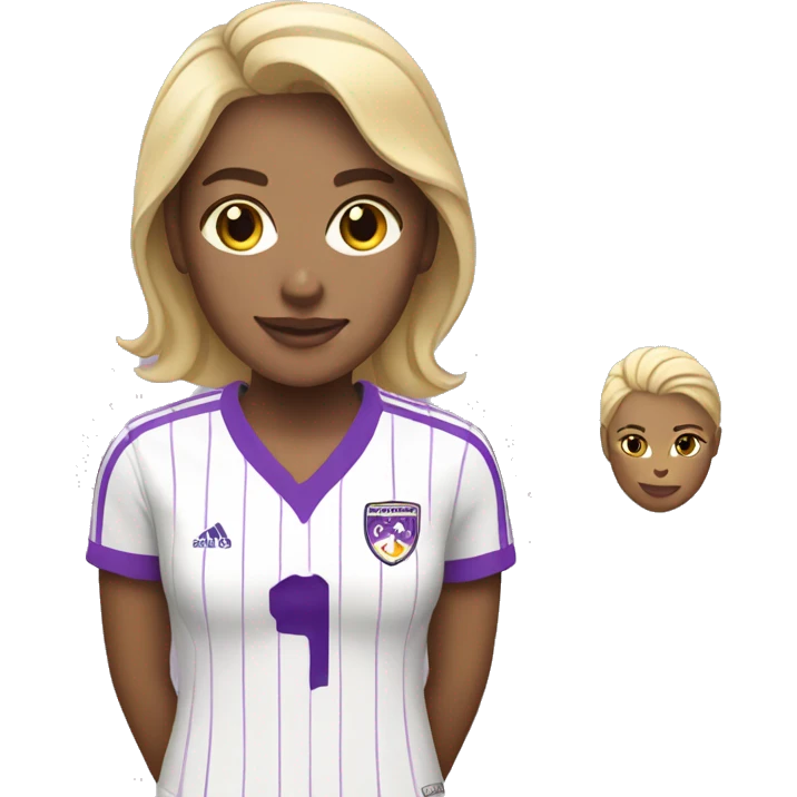 a blonde woman in white soccer jersey with purple pinstripes emoji