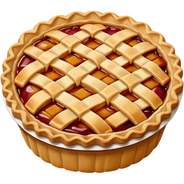 A highly detailed, photorealistic 3D render of a small, individual apple pie, with a golden-brown lattice crust. The filling is a rich, glistening red-amber, bubbling slightly.  emoji