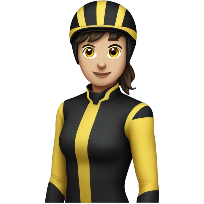 Brunette jockey with black and yellow silks emoji