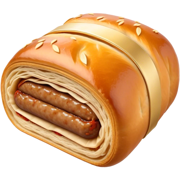 Cinematic Realistic Sausage Roll Dish Emoji, depicted with a crisp, golden pastry wrapped around flavorful sausage, rendered with detailed textures and appetizing lighting. emoji