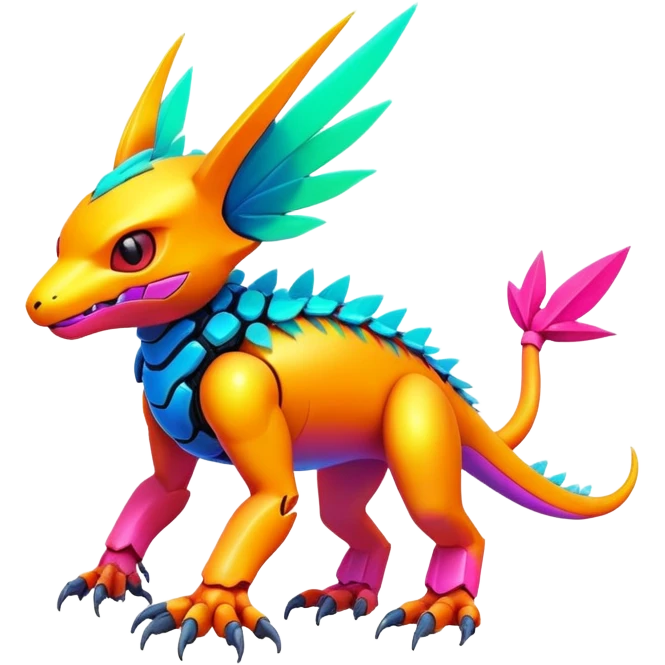 Tropical futuristic lush warm-colored modern colorful neon-colored cyber-Fakémon-Digimon-Trico-creature emoji