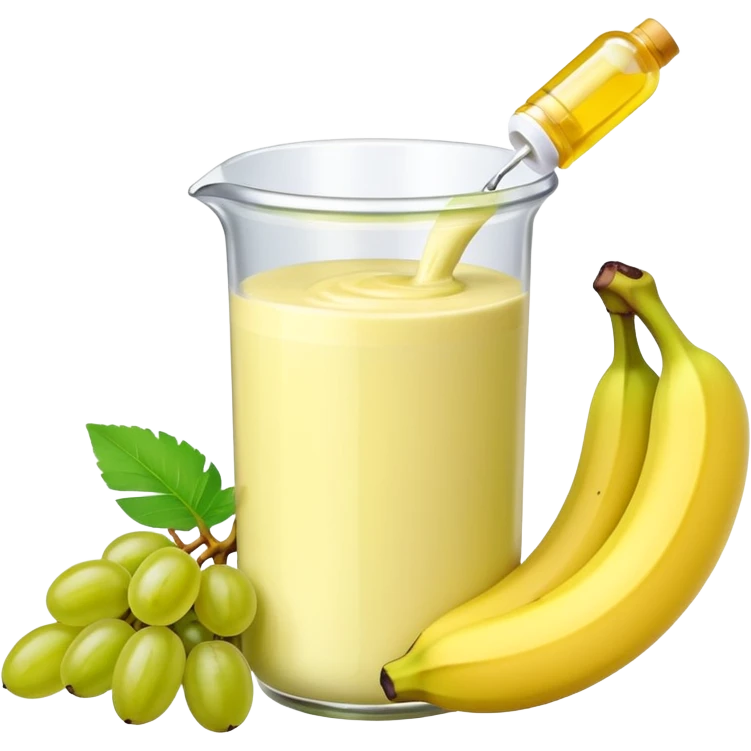 Make an emoji of banana grape custard with a bottle of medicine next to it  emoji