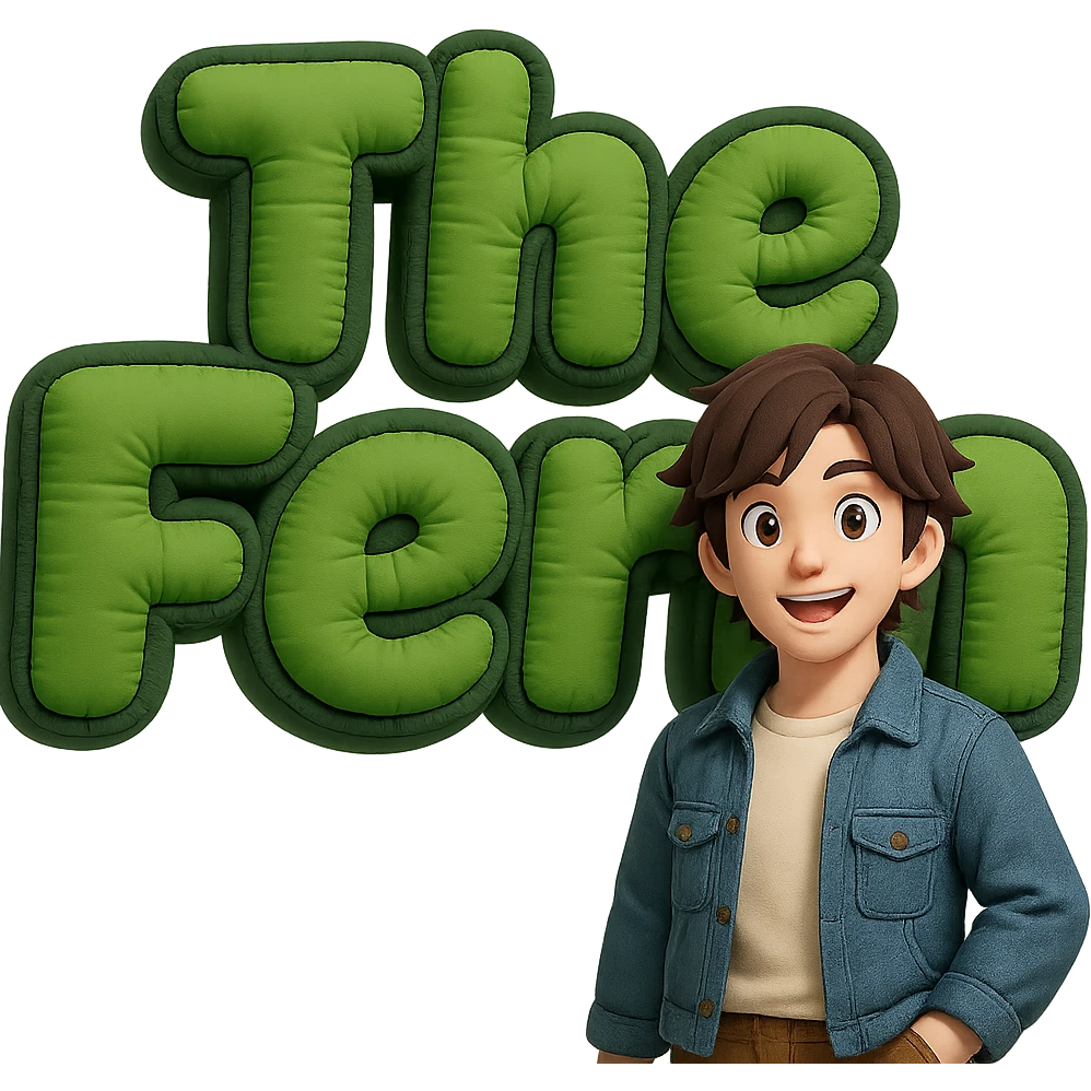 Add a brunette anime man standing in front of the green bubble letters that say 'The Fern' with a black outline. The man should have medium-length brown hair, stylish casual clothes, and an expressive anime face. Keep the thick, soft, cheerful, 3D vibe. emoji