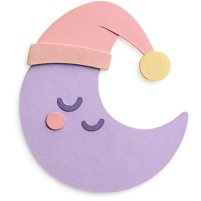 cute soft purple crescent moon, sleeping cap, no limbs, full body, soft pastel colors, paper craft style emoji
