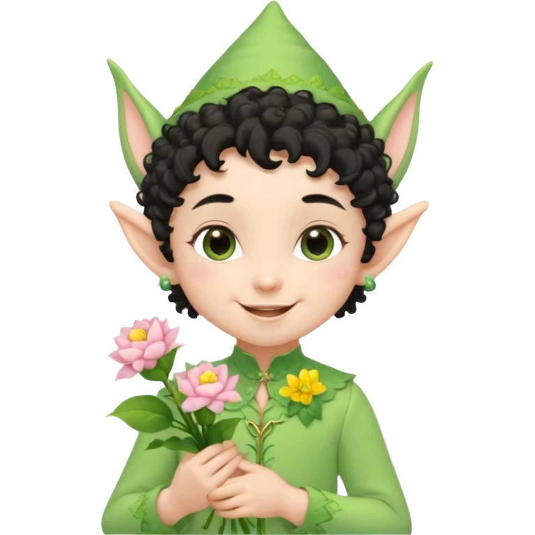 Tiny elf baby black curly hair with pointy ears\, pastel green outfit, hold flowers emoji