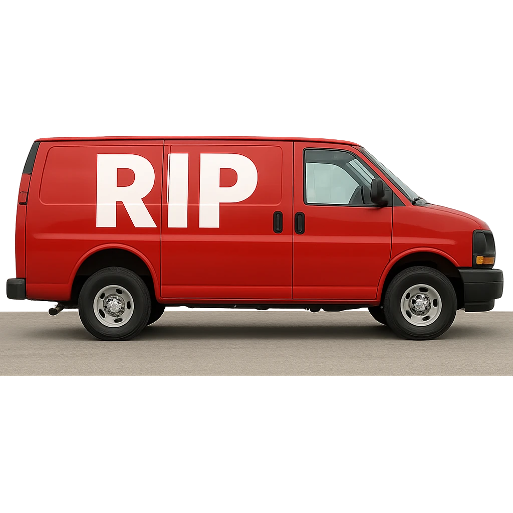 big red van with clear and bold 'RiP' logo emoji