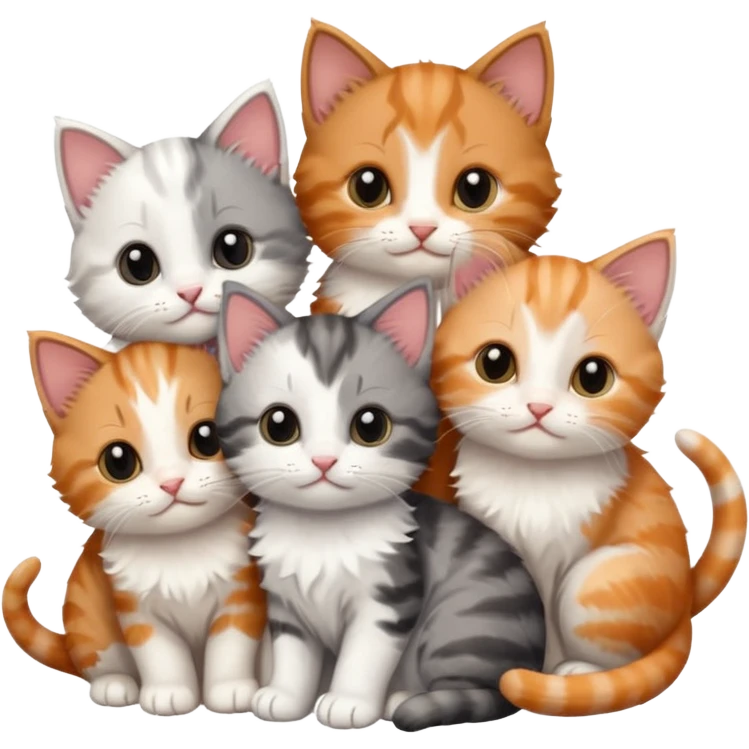 6 tiny kittens cuddling together all different colours, the first one is grey and white, the second is ginger and white and the third is brown tabby and white emoji