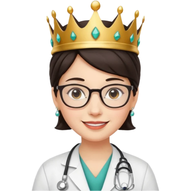 white female doctor very short dark brown hair with glasses and earings and a crown emoji