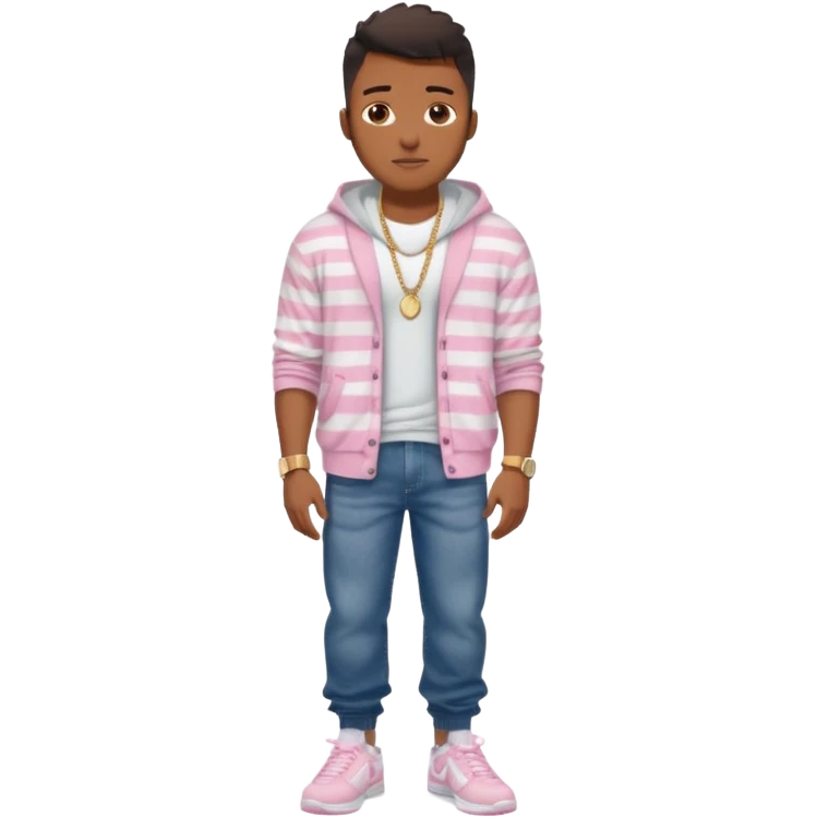Handsome Black guy with brown skin tone, with muscular build, wearing long baggy dark denim jeans, a white t-shirt, pink and gray striped fuzzy cardigan, white Nike sneakers, a gold watch, and a dainty chain emoji