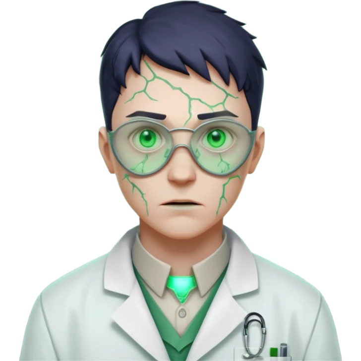 laboratory mutant portrait, head and shoulders only, glowing green veins, torn lab coat collar, mutated eyes, sci-fi experiment vibe, 3D cartoon, mobile game icon style, clean background, no text, no watermark

 emoji