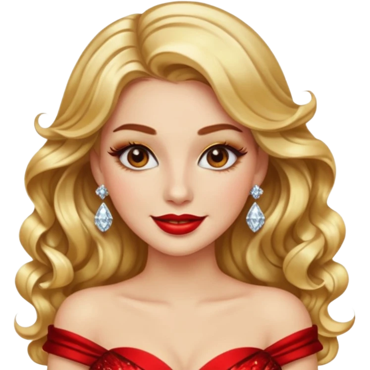 “Emoji girl, glamorous smile, shimmering gold eyeshadow, bold red lips, voluminous waves, dramatic lashes, wearing diamond earrings and gold gown.” emoji