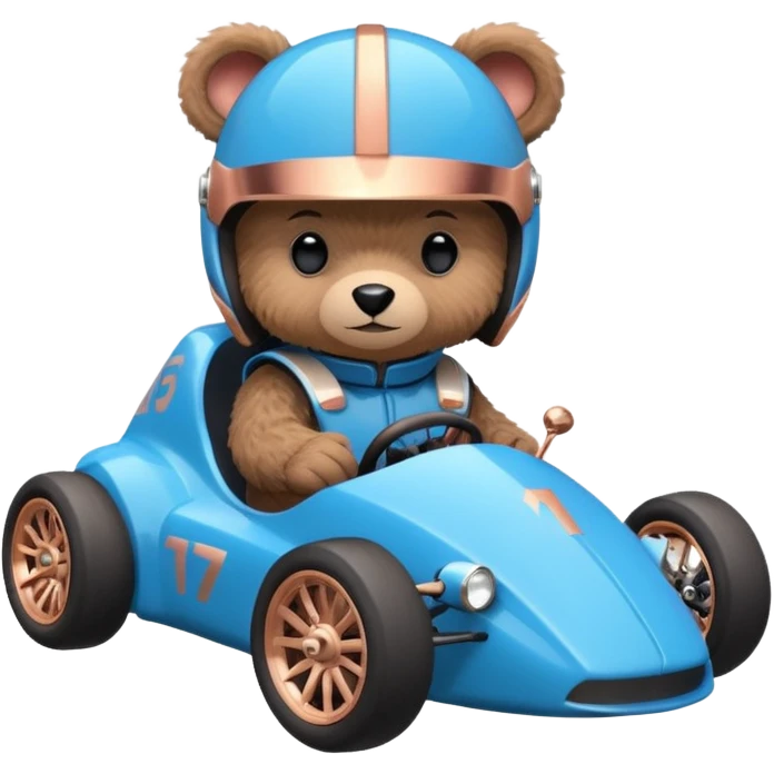 dark crystal blue and rosegold-accented faceted-body electric racing car driven by a small cute but fearless teddy baby bear with rear spoiler, roll bar, and wheely bar emoji