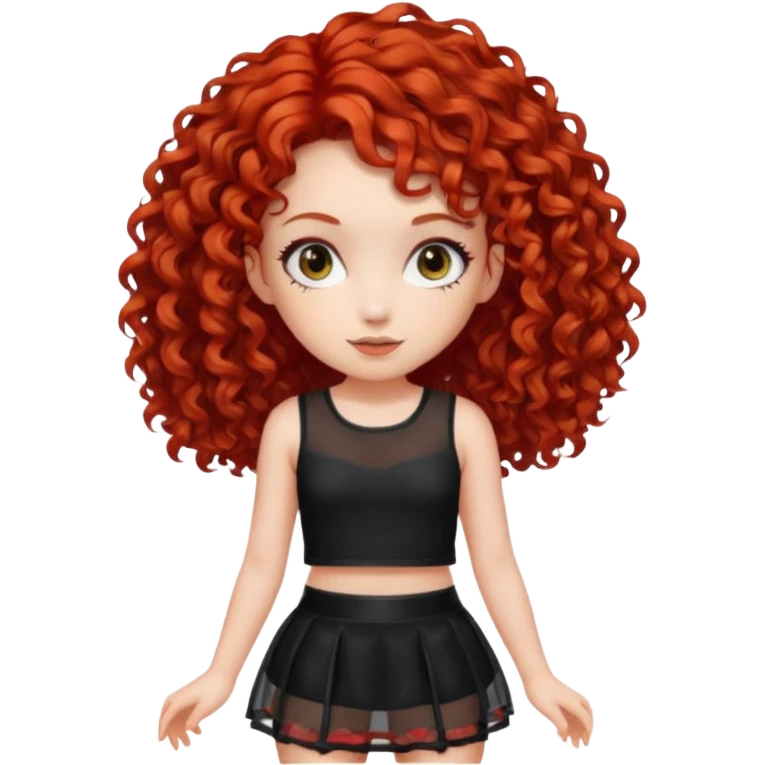 Naked red curly haired girl with very large big boobs and cleavage.  Thin waist and wide sexy hips.  Completely naked but wearing a see-thru black mesh very short mini-skirt emoji