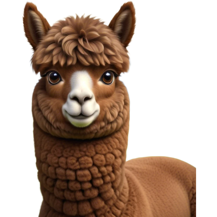 Cinematic Noble Brown Alpaca Portrait Emoji, Poised and regal, with a sturdy, graceful build and a rich, well-groomed brown fleece, deep-set soulful warm eyes, Simplified yet sharp and sophisticated features, highly detailed, glowing with a soft, dignified glow, high shine, intelligent and serene, stylized with an air of pastoral elegance, focused and attentive, soft glowing outline, capturing the essence of a watchful and confident companion, so majestic it feels as though it could stride out of the screen with effortless authority! emoji
