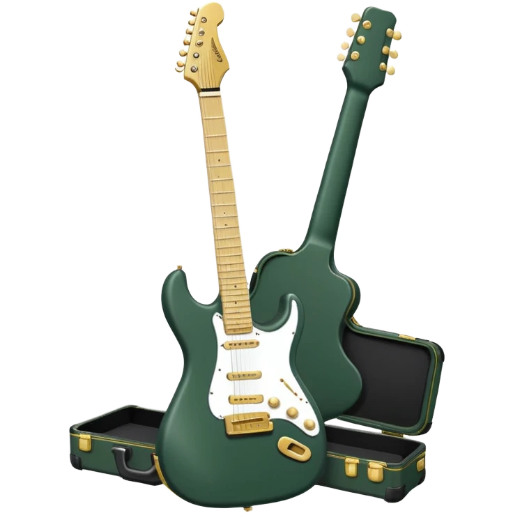 minimalist electric guitar in dark green, closed inside a black rectangular hard case with gold latches, soft matte textures, simplified details, compact artistic look emoji