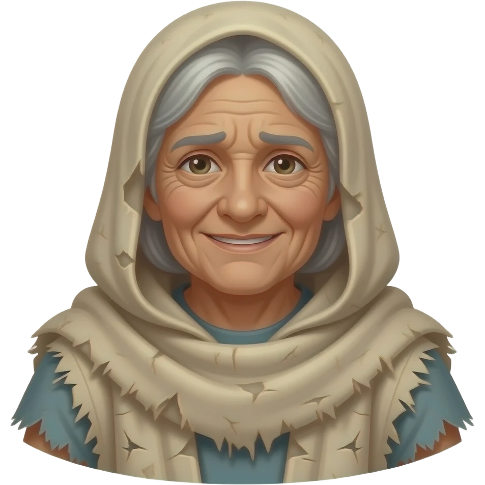 A poor old woman with a weary smile, wearing old tattered draped clothing from biblical times emoji