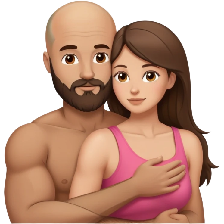 Beautiful light brunette cuddling her muscular bald beard husband emoji
