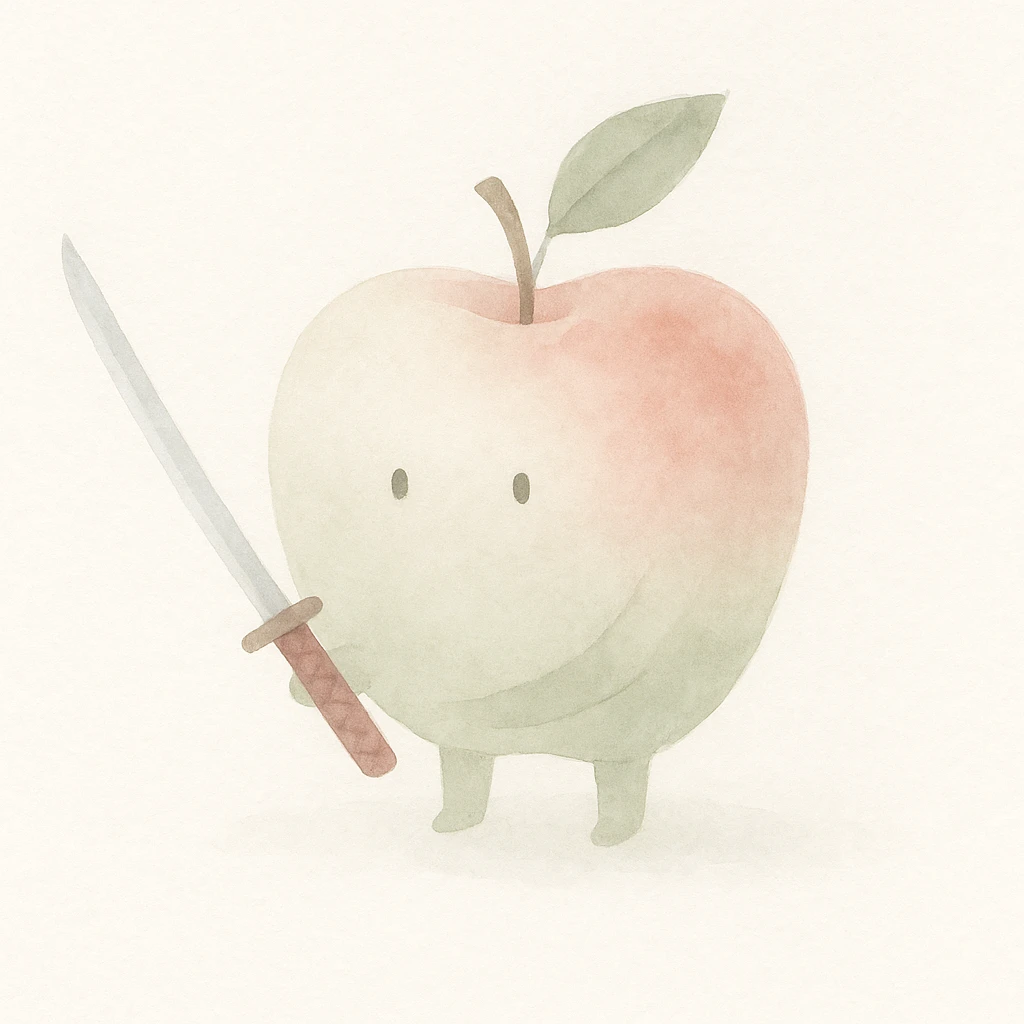 an apple holding a katana, soft watercolor art style emoji