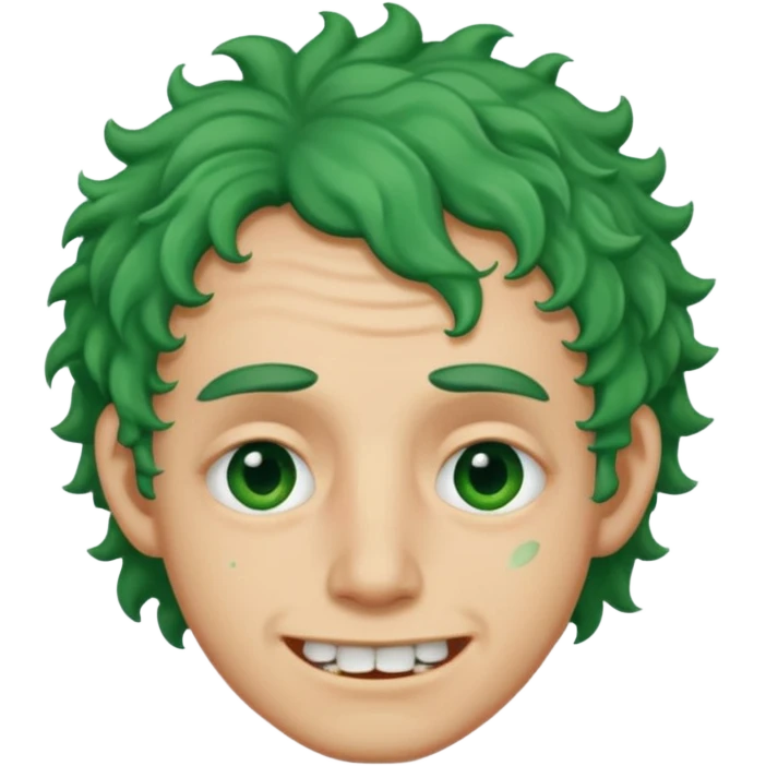 🙎🏻‍♂️com o dente serrado cabelo cacheado de cor Verde com marca de rasgo nas olheiras  emoji
